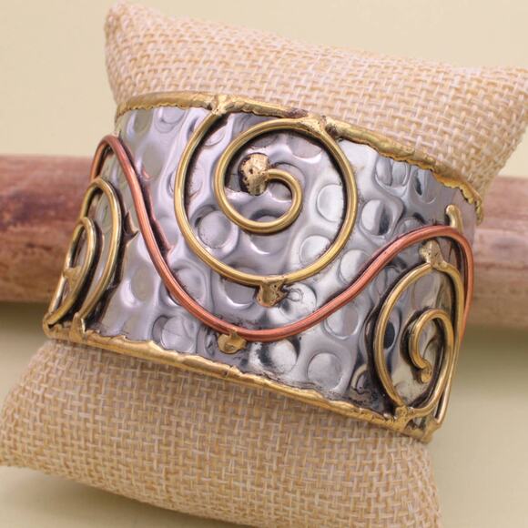 Mixed Metal Wire Spirals Silver Hammered Cuff Bracelet - Picture 5 of 5